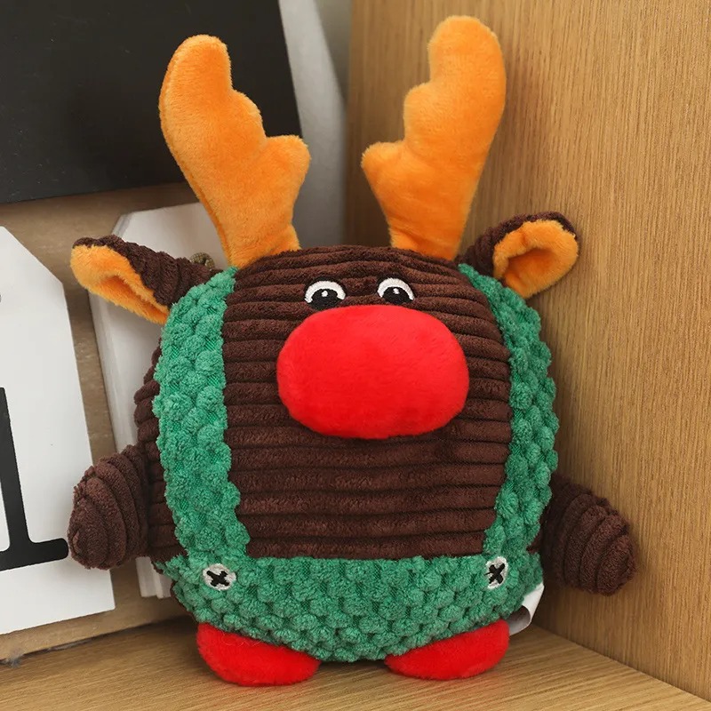brown reindeer shaped plush squeaky dog toy with antlers for christmas