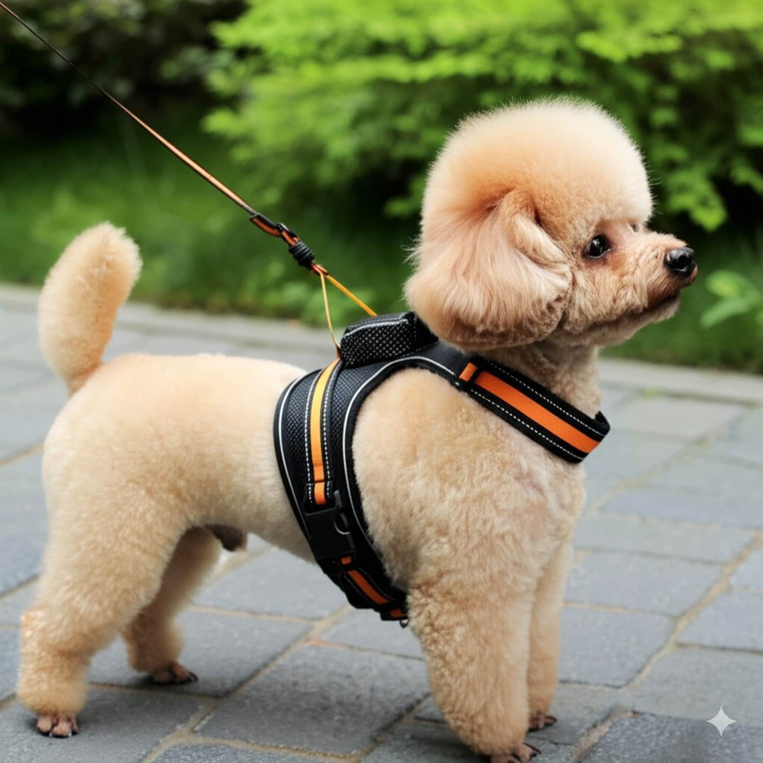 Black dog harness with orange trim and integrated leash