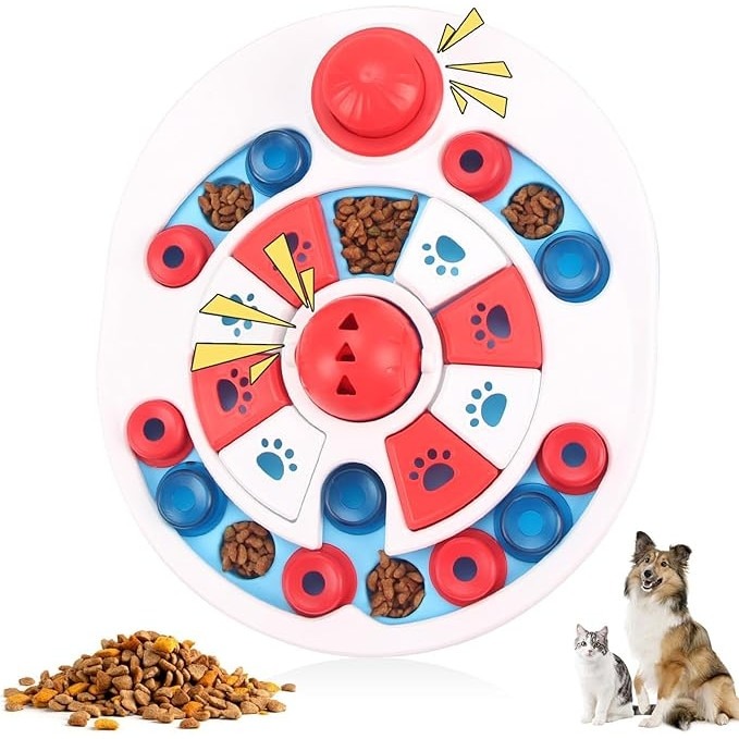 Red and blue interactive dog puzzle feeder with bell center