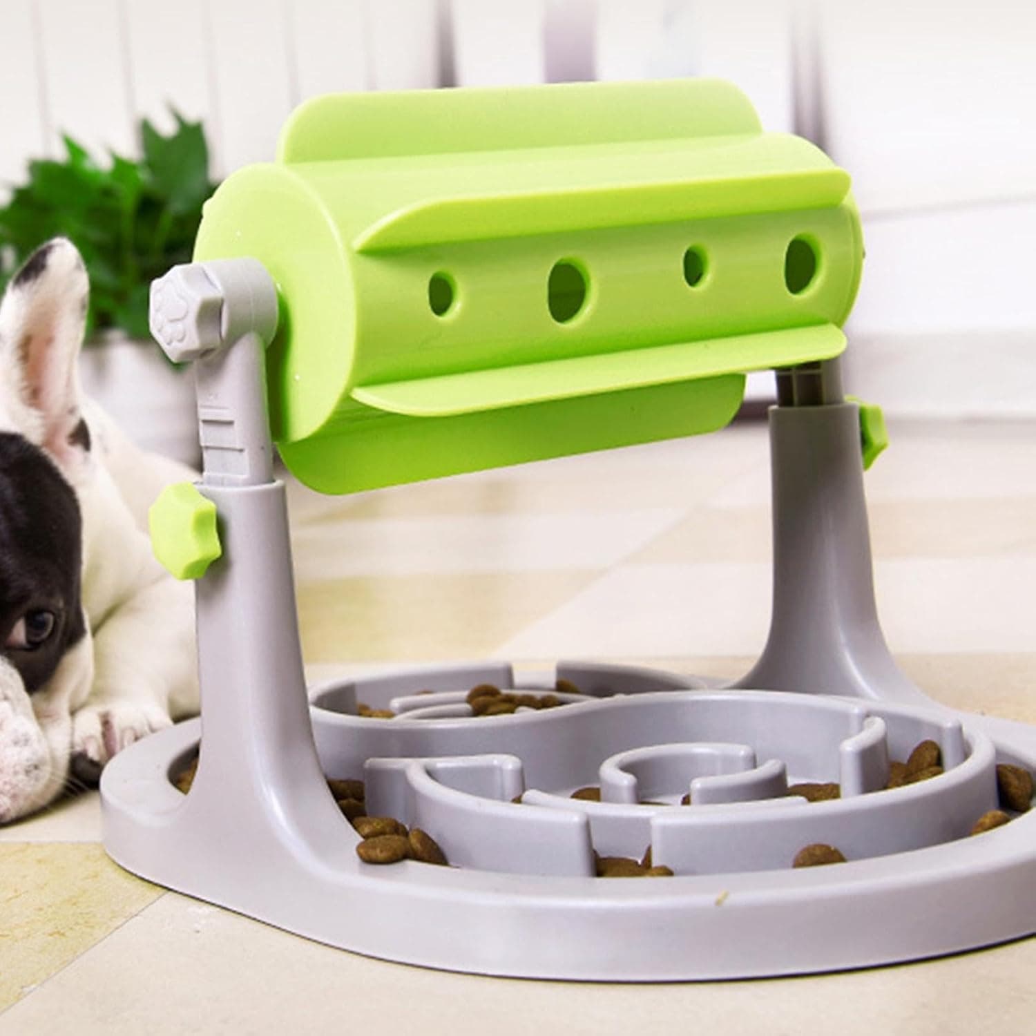 Green adjustable pet food roller with maze base