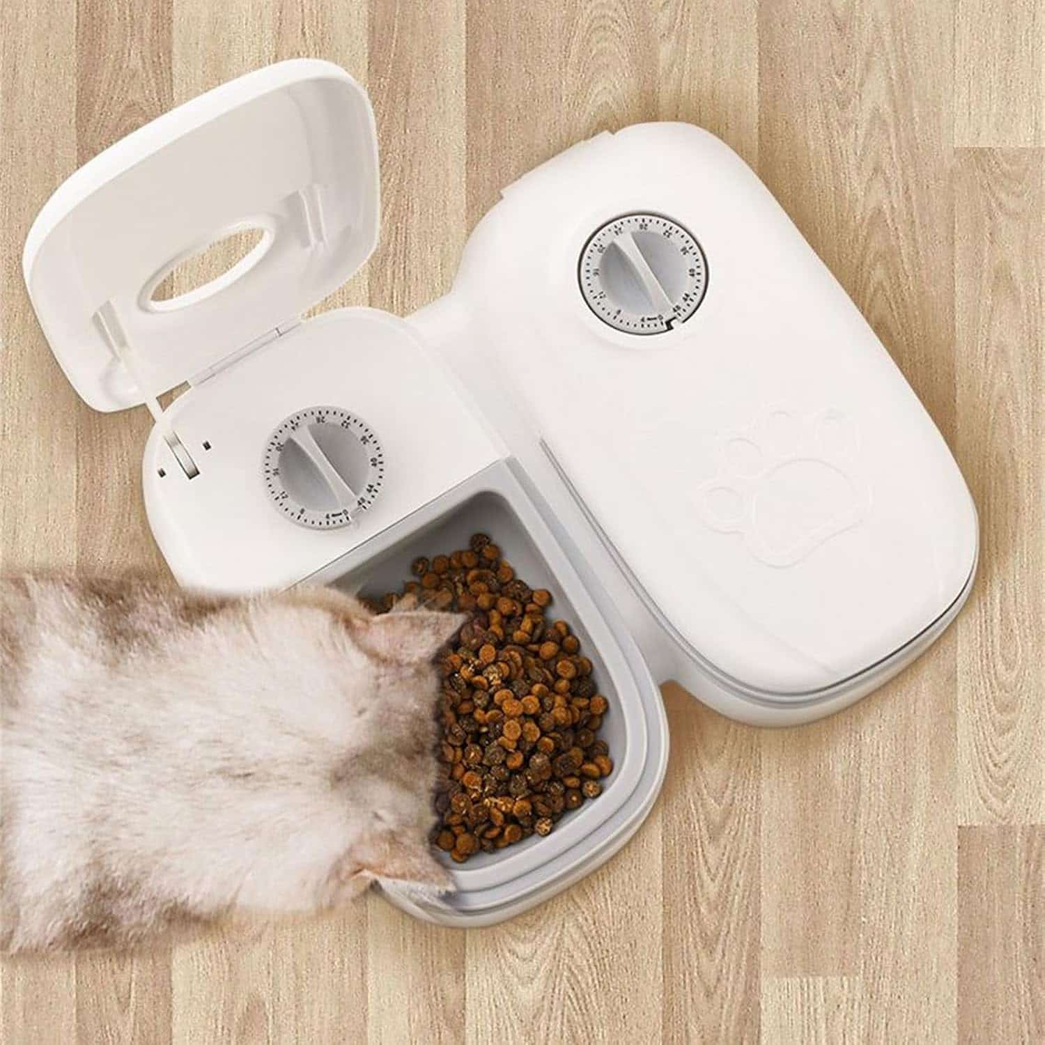 White automatic pet feeder with dual dispensers