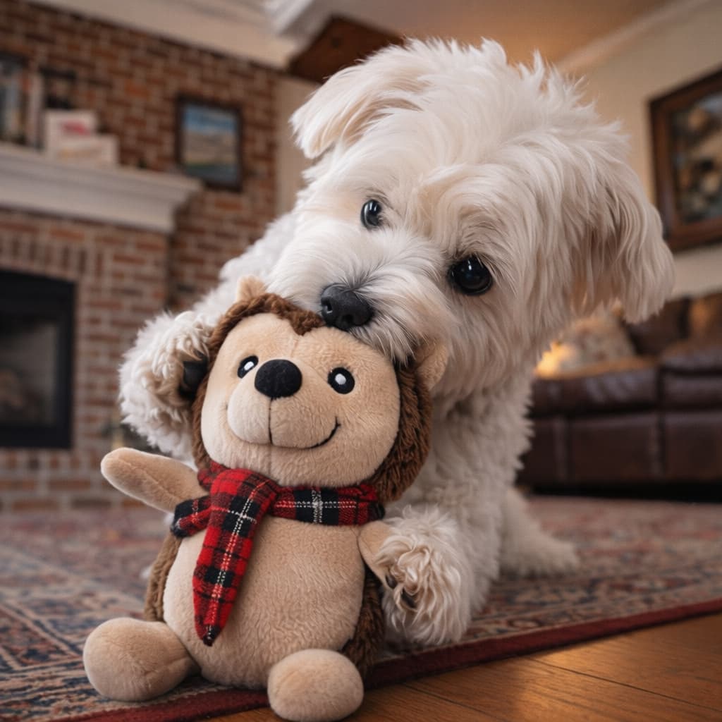 Brown bear squeaky dog toy with red scarf