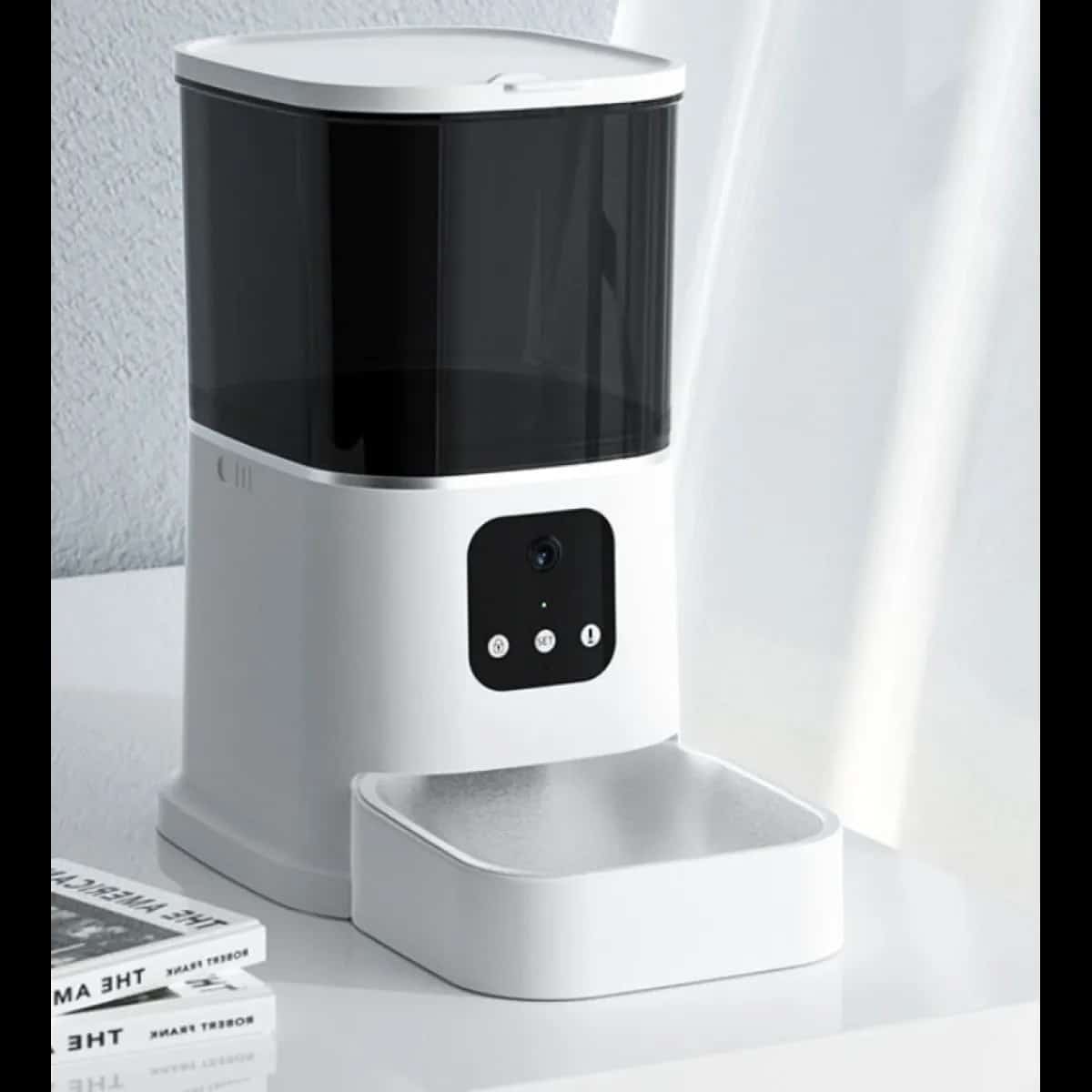 White automatic pet feeder with transparent food tank