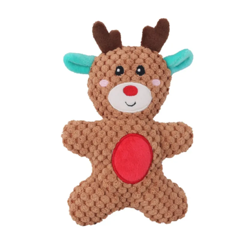 brown popcorn textured reindeer plush squeaky dog toy with red nose