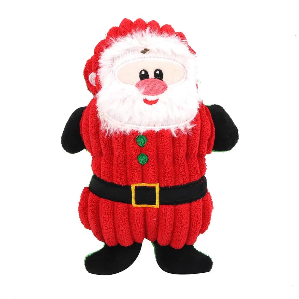 red corduroy santa claus plush squeaky dog toy with white beard