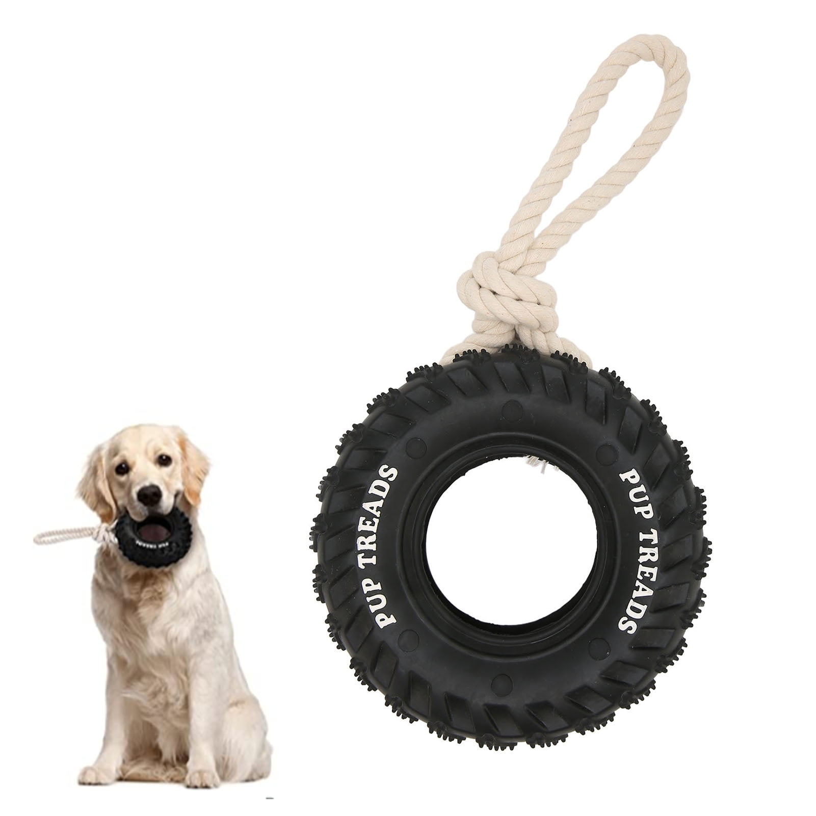 Black rubber tire dog toy with rope handle