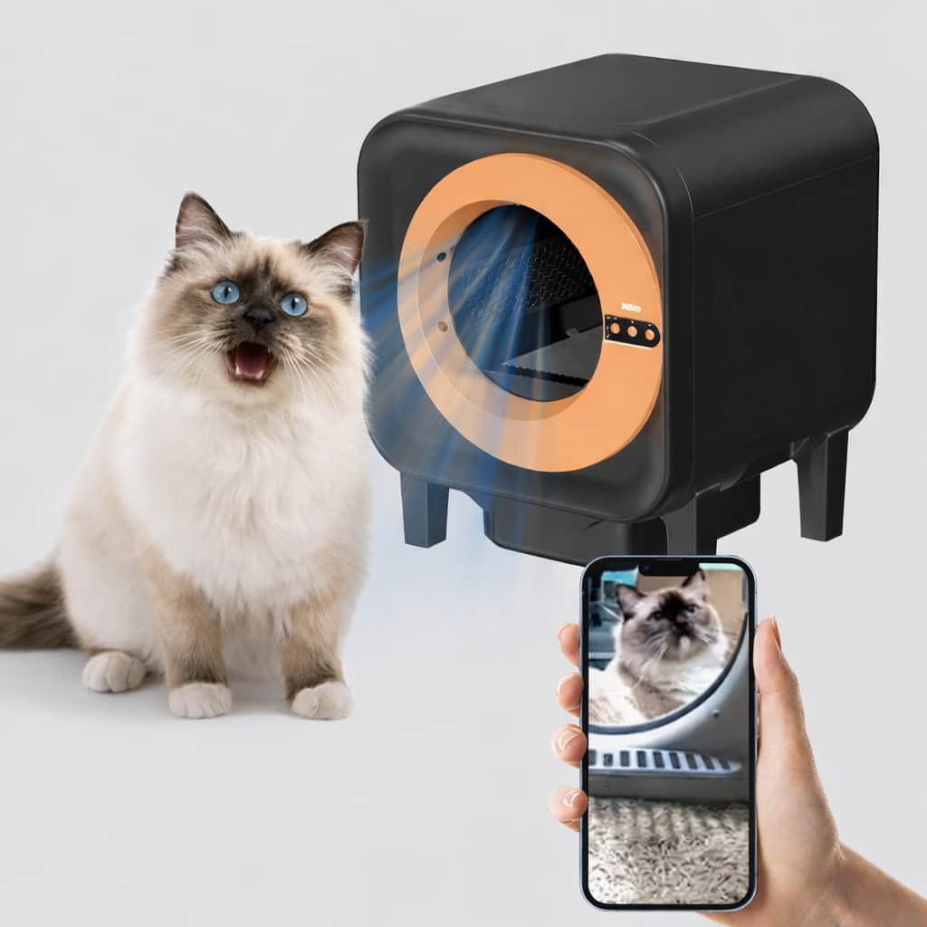 Black automatic self-cleaning litter box with camera