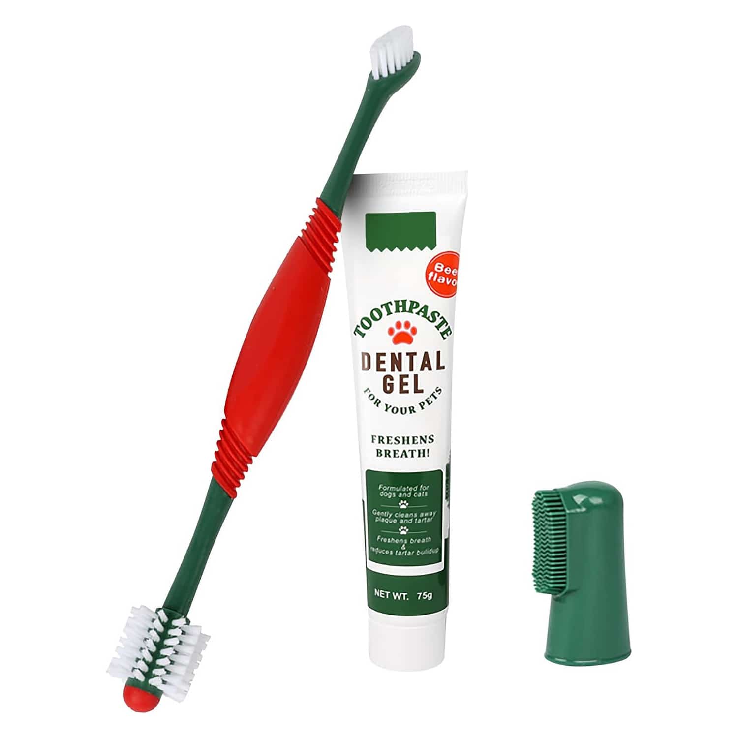 Pet dental care kit with toothbrush, toothpaste, and finger brushes