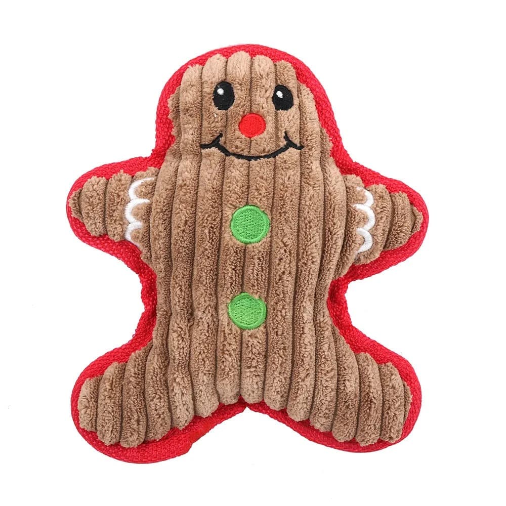 corduroy gingerbread man plush squeaky dog toy with textured ridges