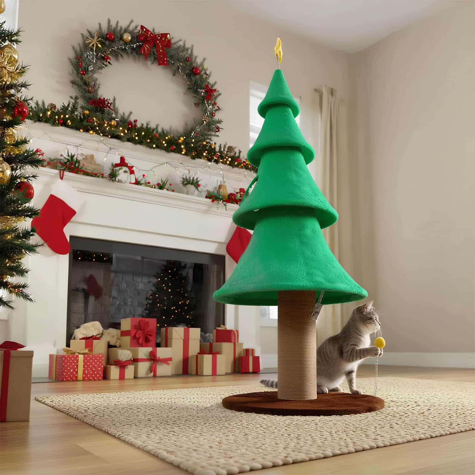59 inch tall Christmas tree cat tower with two condos and scratching post