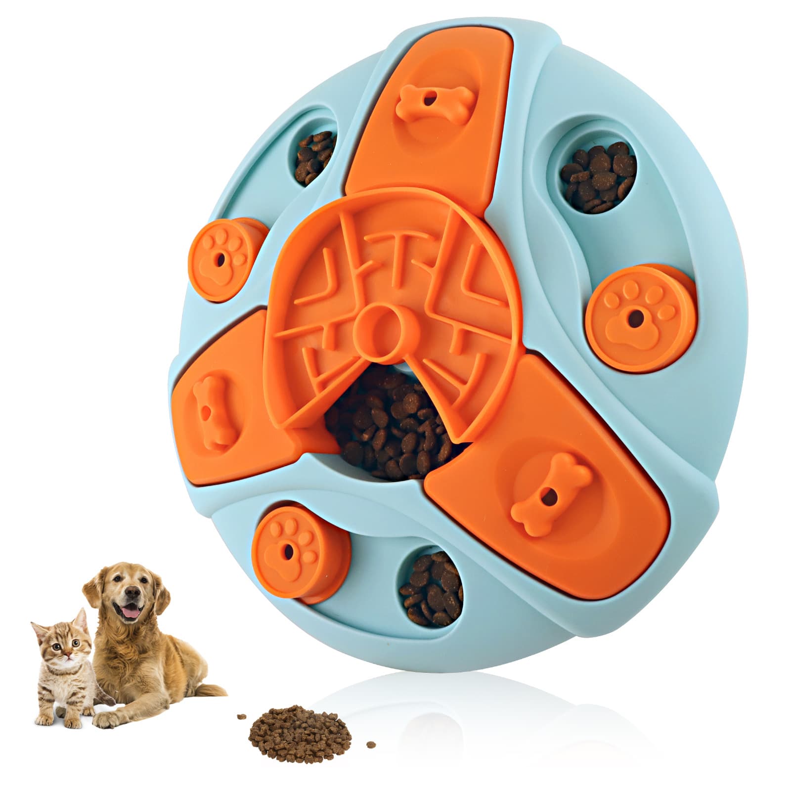 Blue and orange interactive dog puzzle feeder with sliders