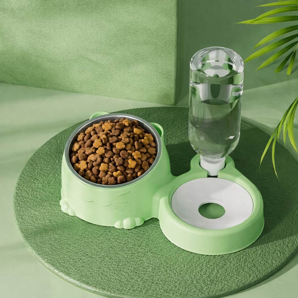 Mint green elevated cat bowls with water dispenser