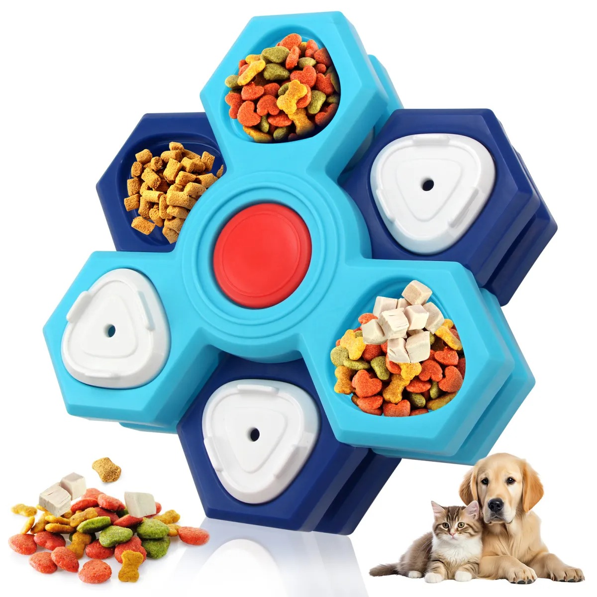 Blue multi-layer dog puzzle feeder with sliding compartments