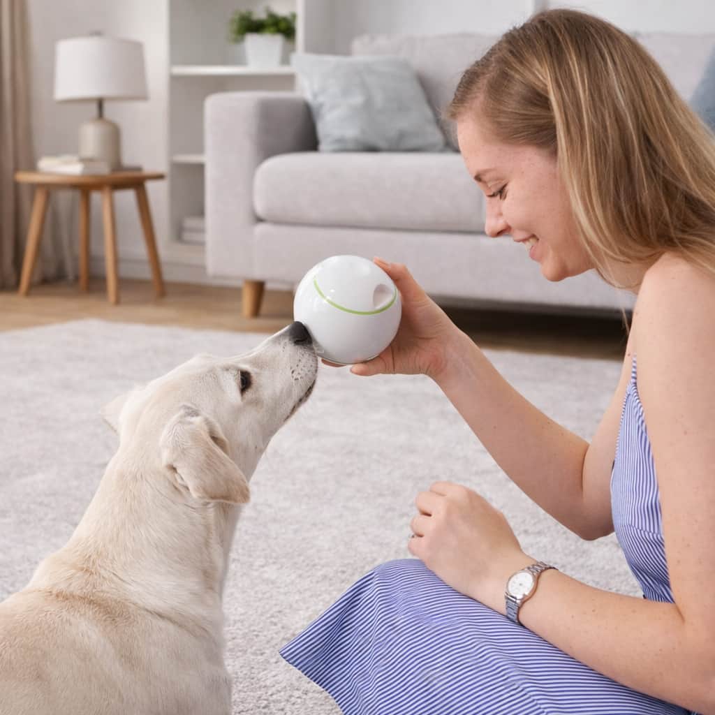 White interactive smart treat ball with green accent