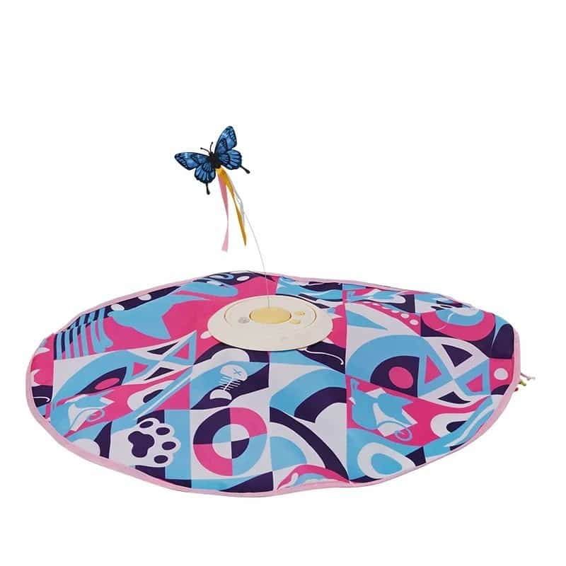 Colorful geometric mat with butterfly teaser toy
