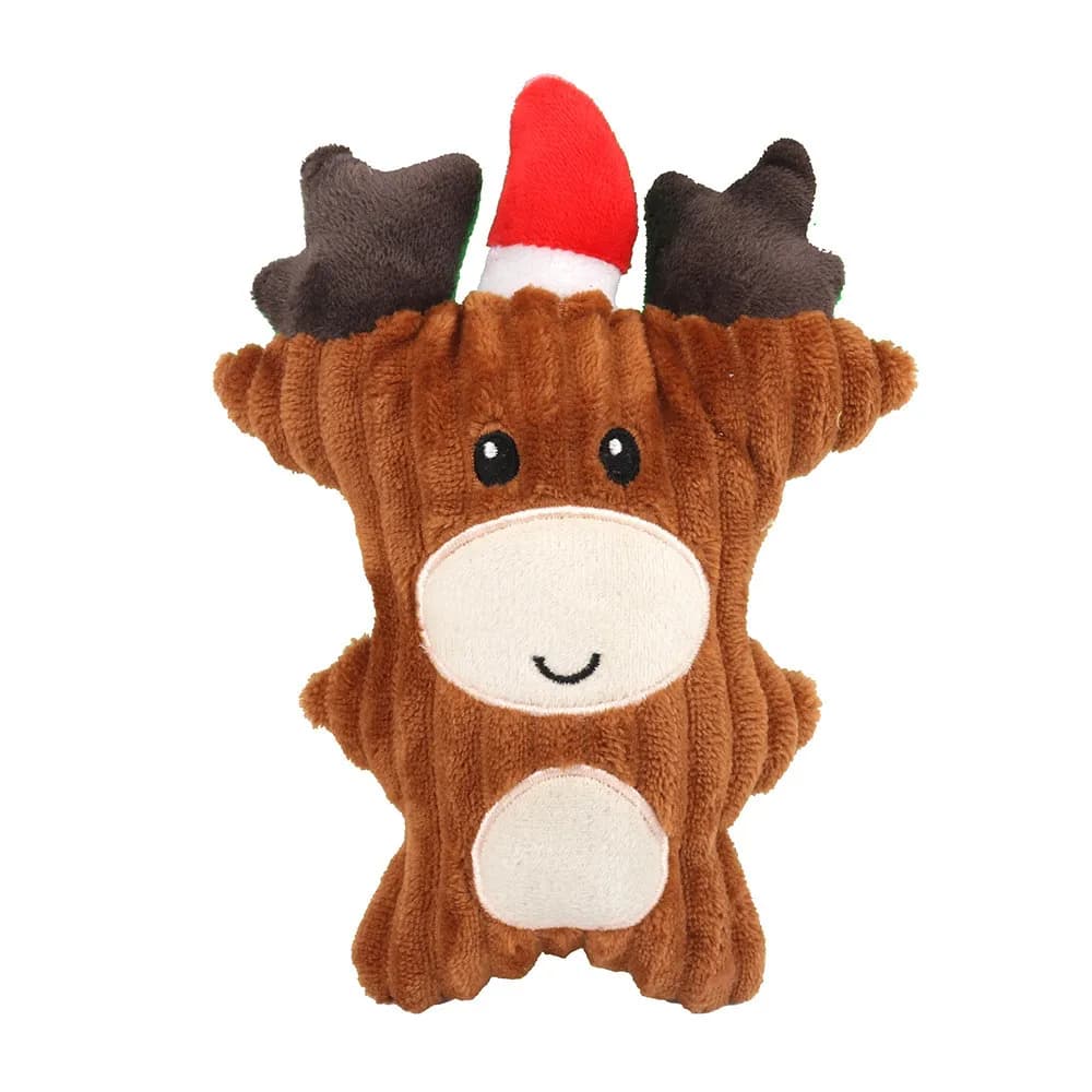 brown corduroy fawn plush squeaky dog toy with santa hat and antlers