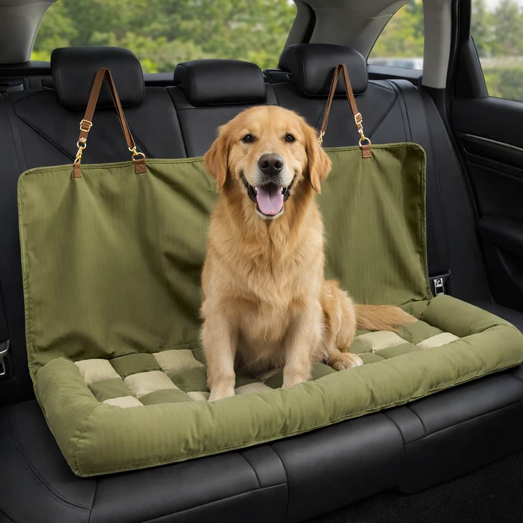 Green quilted dog car seat bed with leather straps