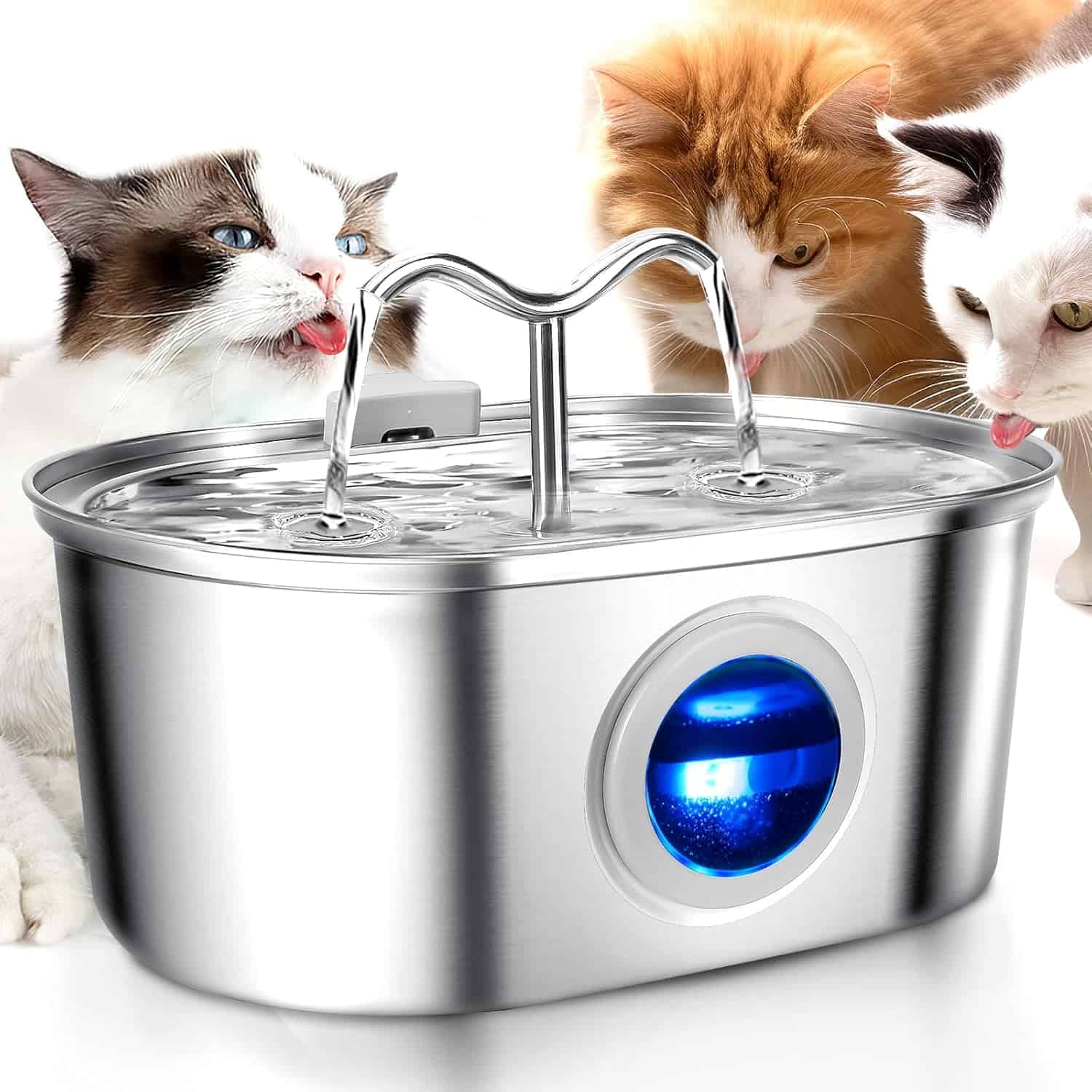 108oz stainless steel pet fountain with dual horn spouts and LED level indicator
