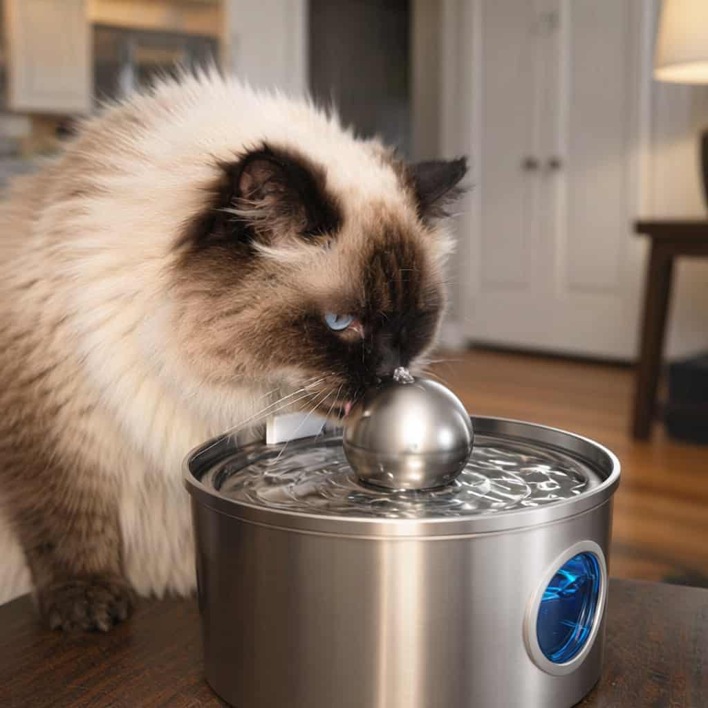 Stainless steel cat fountain with spherical waterfall