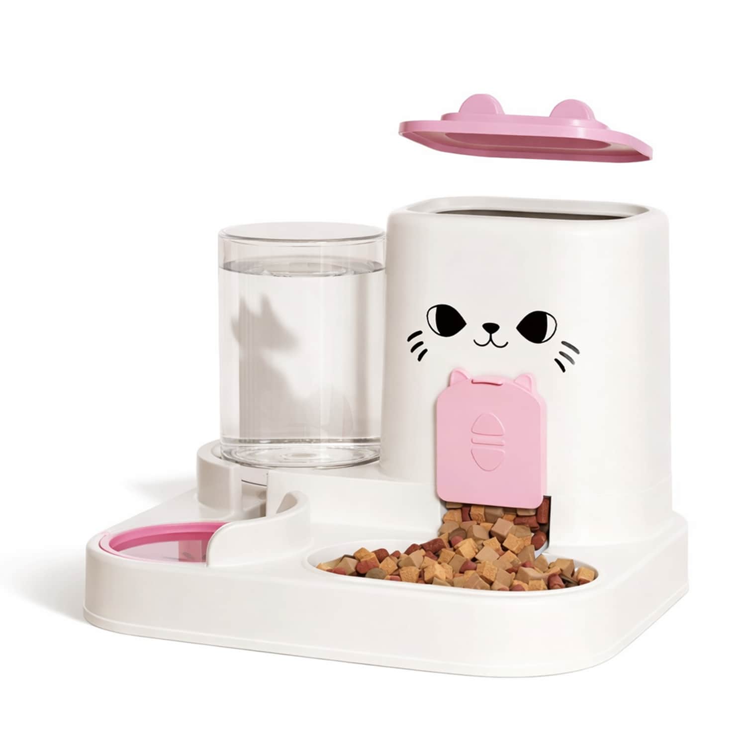 White automatic cat feeder with cute cat face design and pink accents