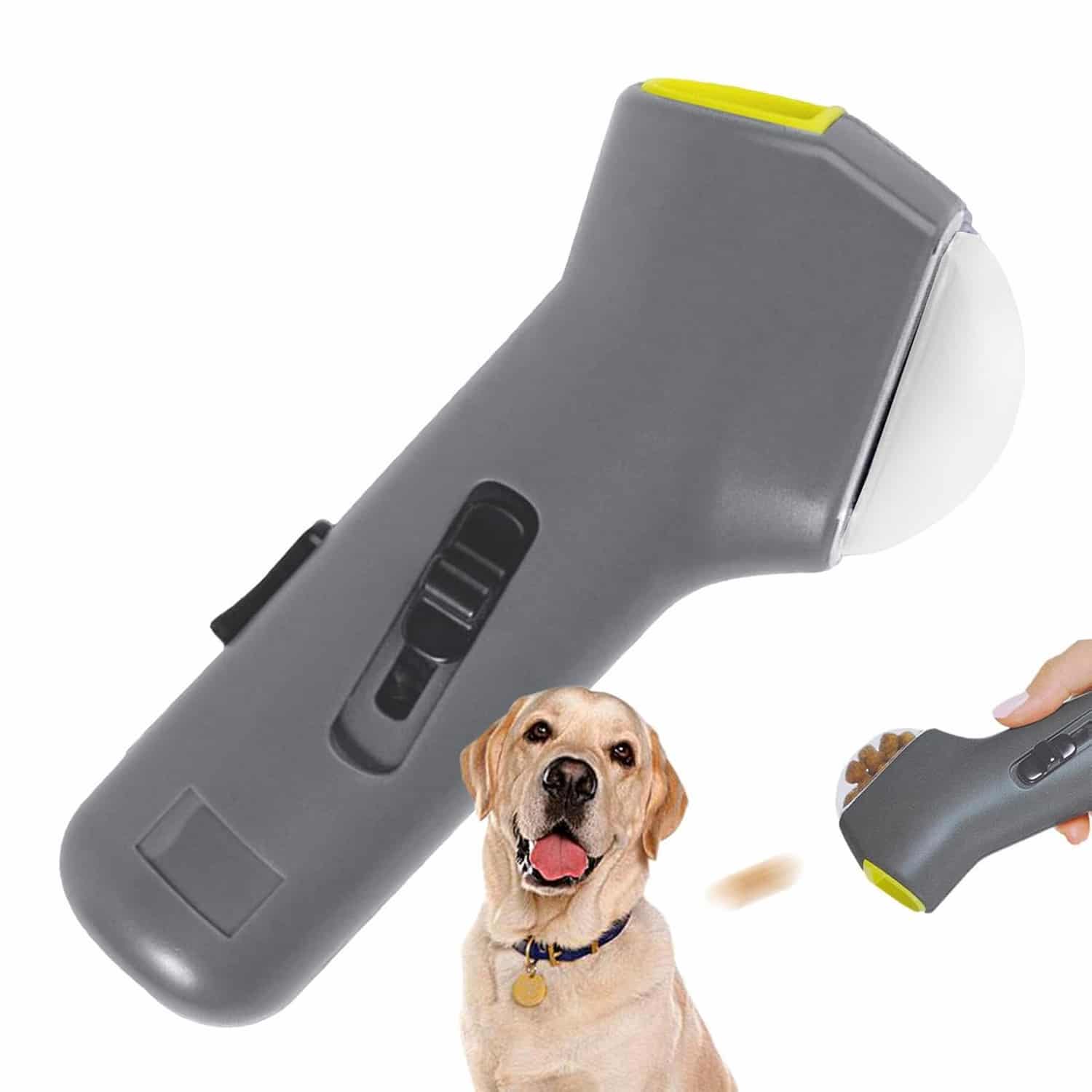 Handheld dog treat launcher with spring-loaded dispenser