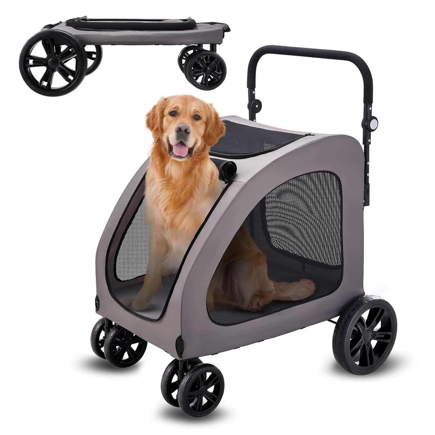 Large capacity pet stroller with 12-inch rear wheels and four-sided mesh windows, golden retriever seated inside