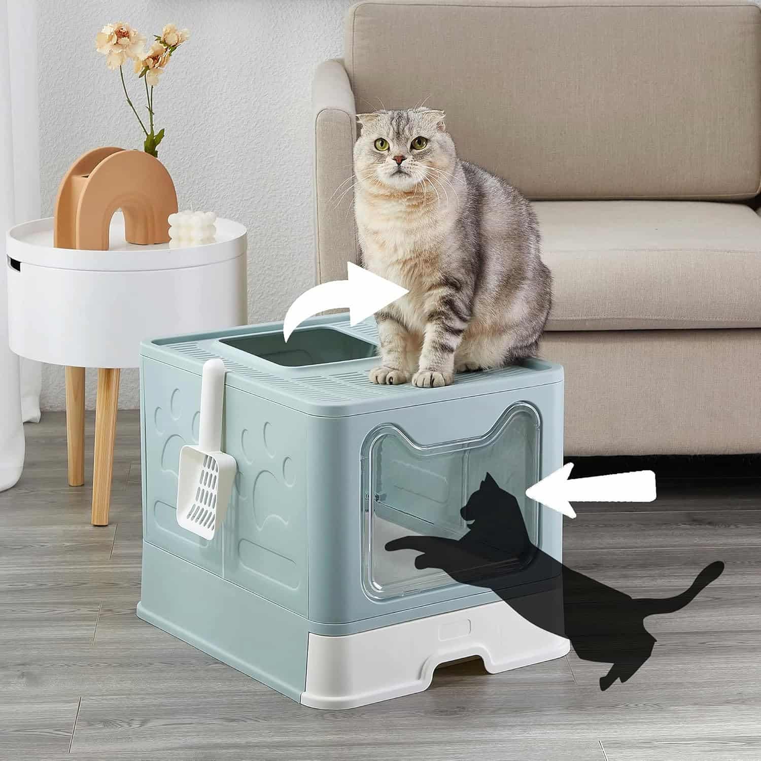 Foldable top-entry litter box with pull-out drawer and anti-tracking lid