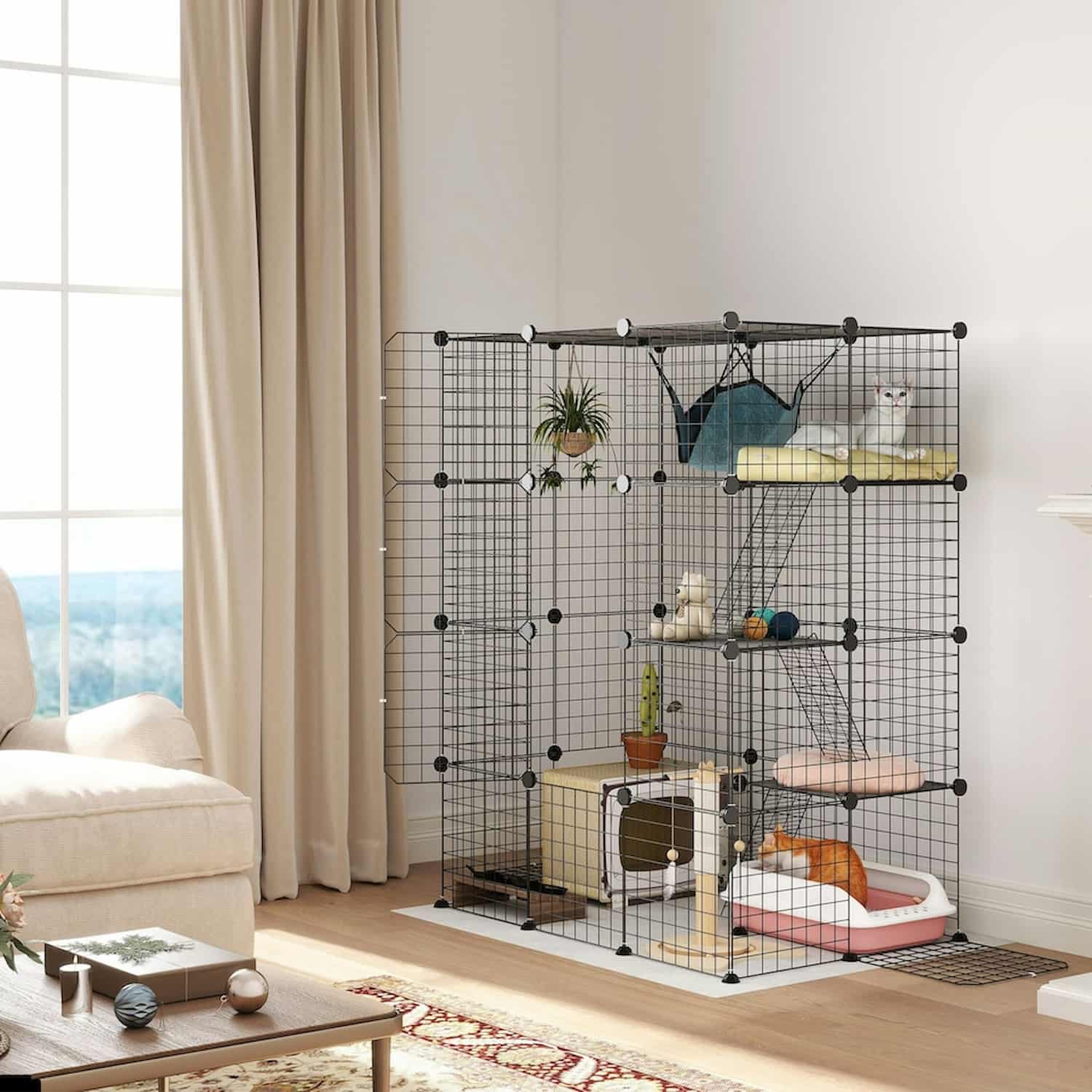 DIY modular cat cage with 49 customizable wire panels and 4 tiers