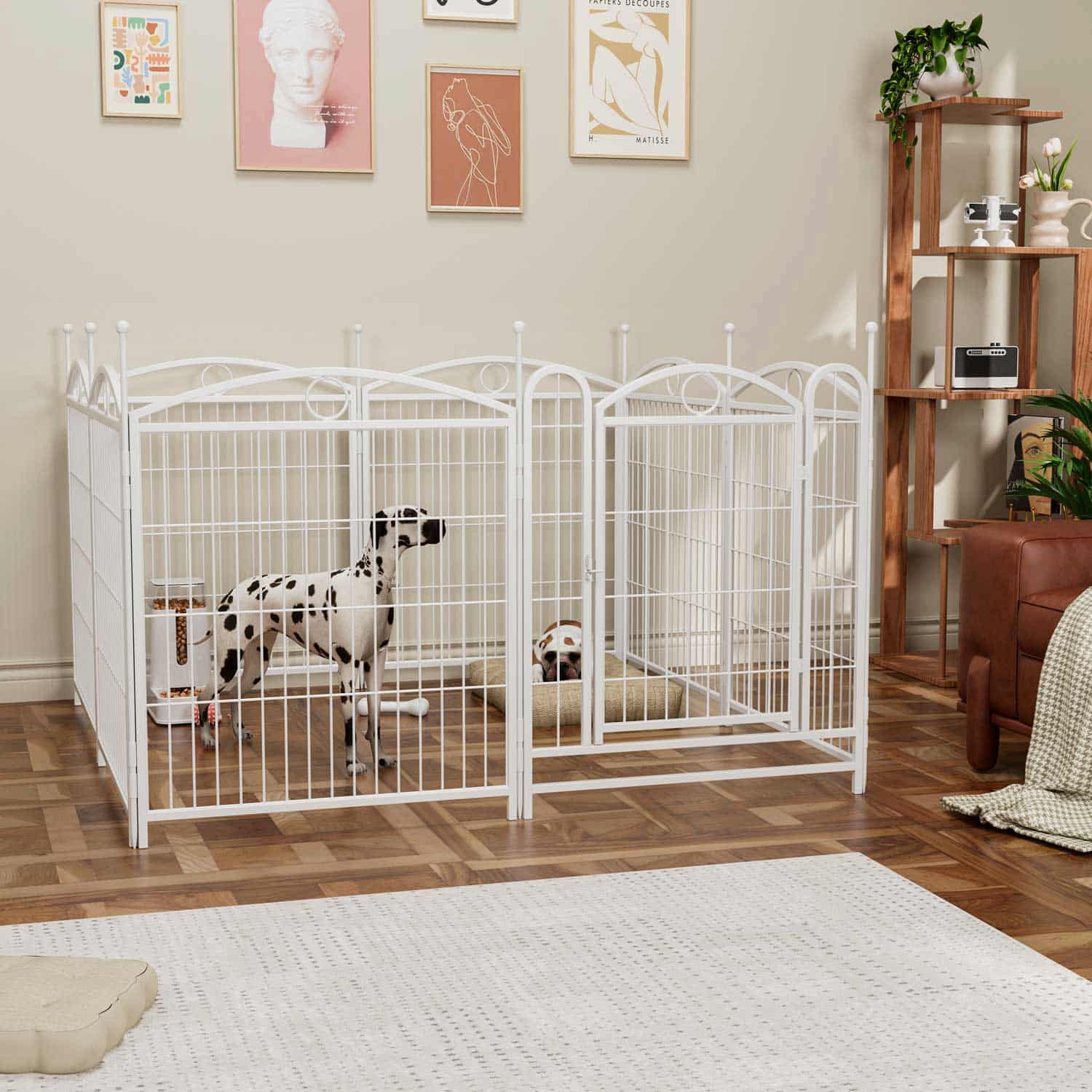 White metal dog playpen with eight panels and arched tops