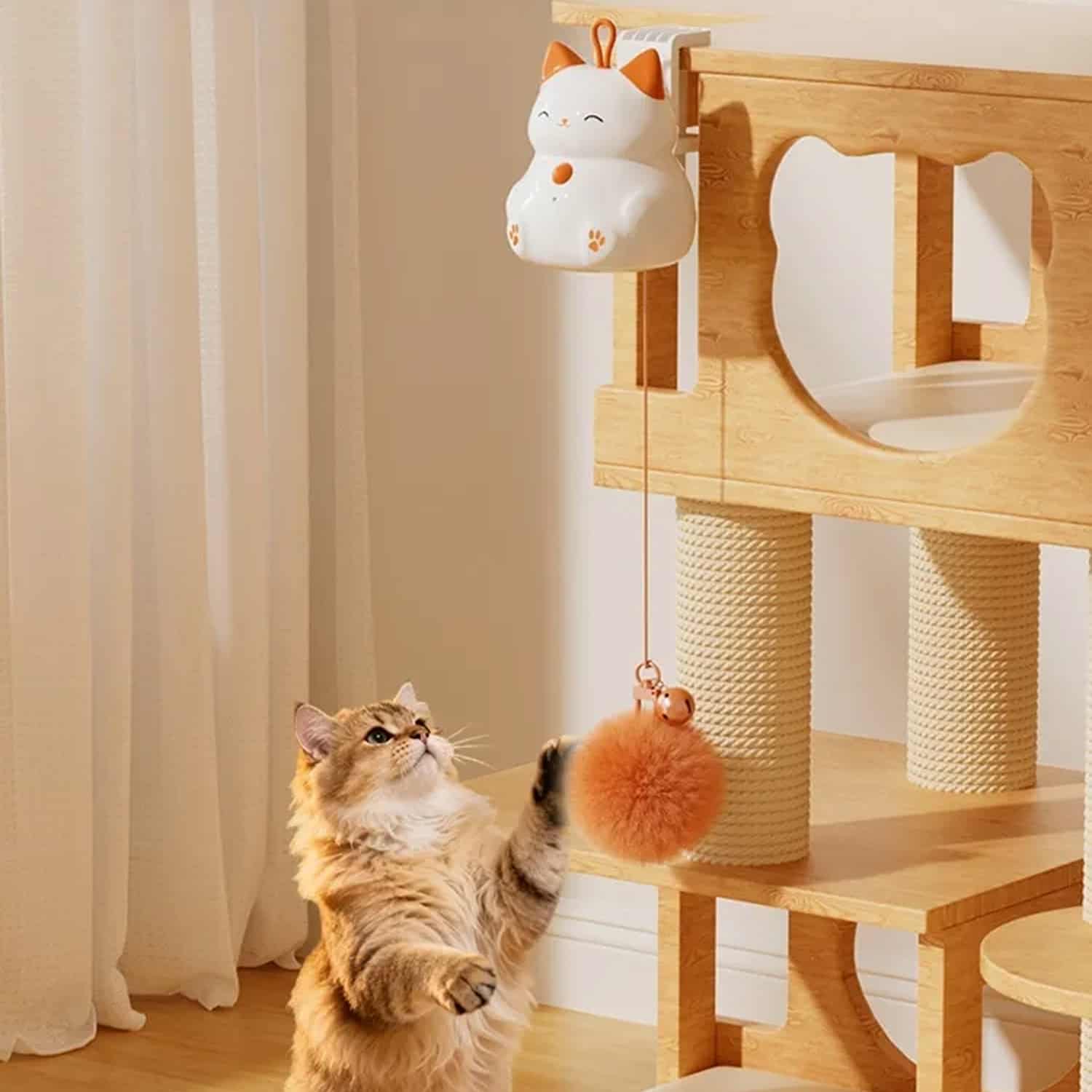 White automatic cat toy with telescopic lifting mechanism and clip