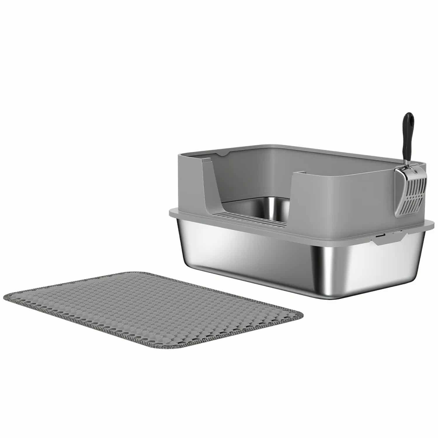 Gray high-sided litter box with stainless steel tray and mat