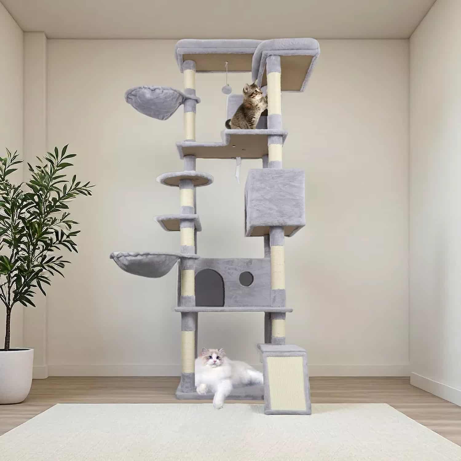 85 inch tall gray cat tower with ramp and three condos