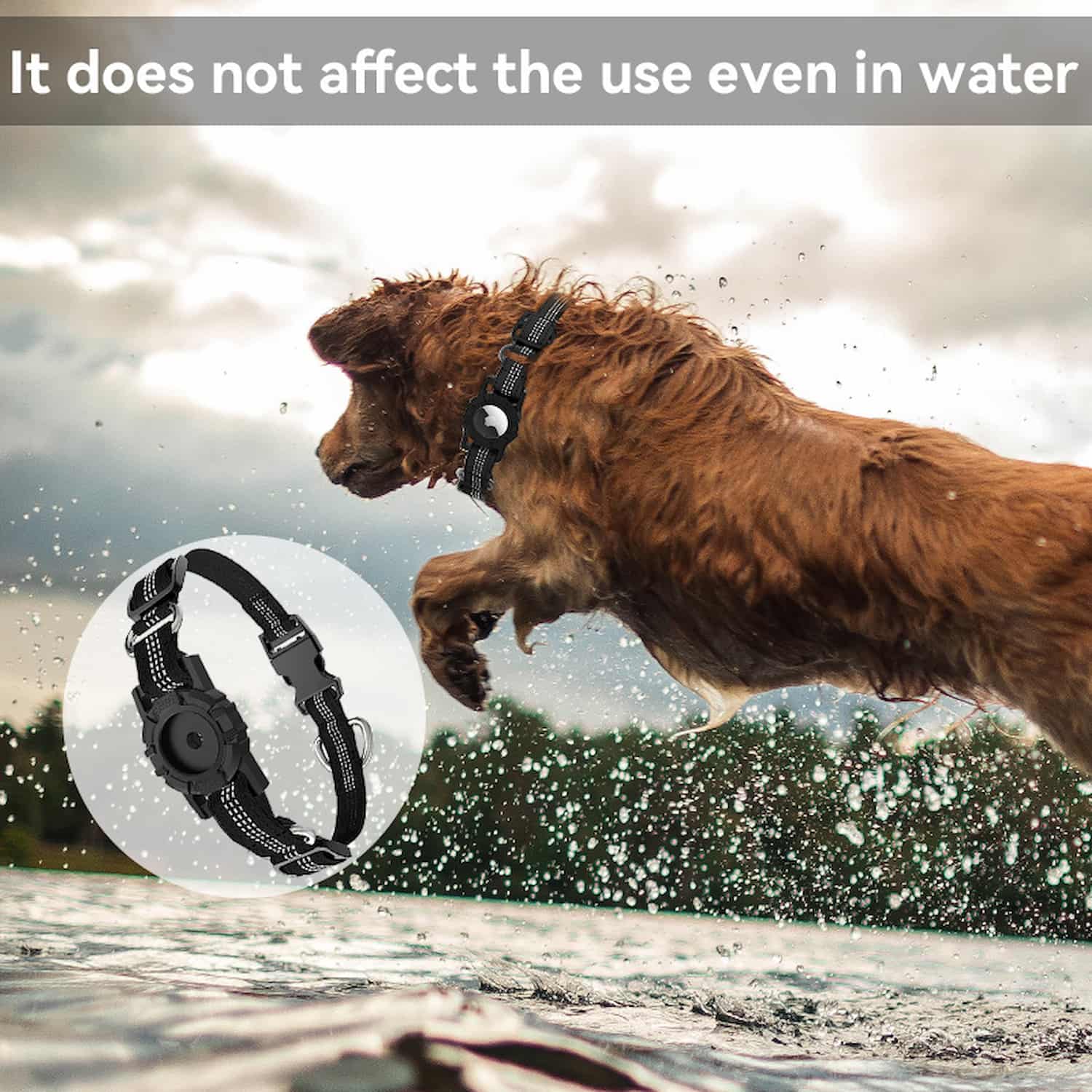 Black nylon AirTag dog collar with integrated tracker compartment, reflective strips, metal D-ring and quick release buckle