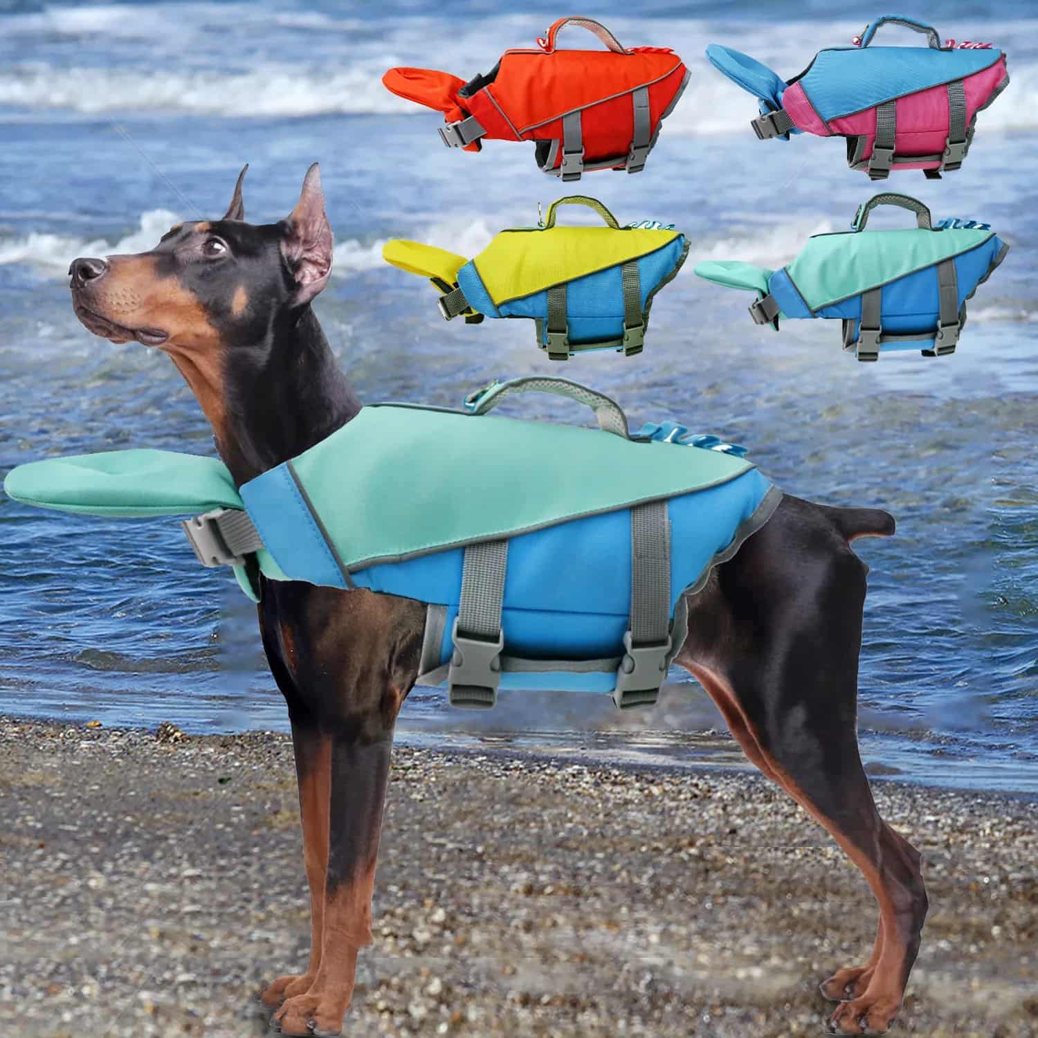 Dog life jacket with top grab handle and reflective strips, worn by Doberman, shown in teal and blue colorway