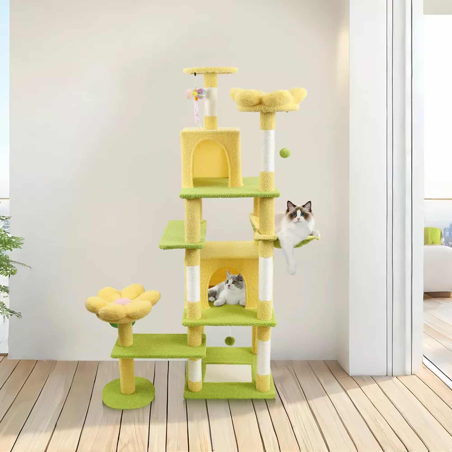 71 inch yellow and green flower cat tree with 8 levels and hammock