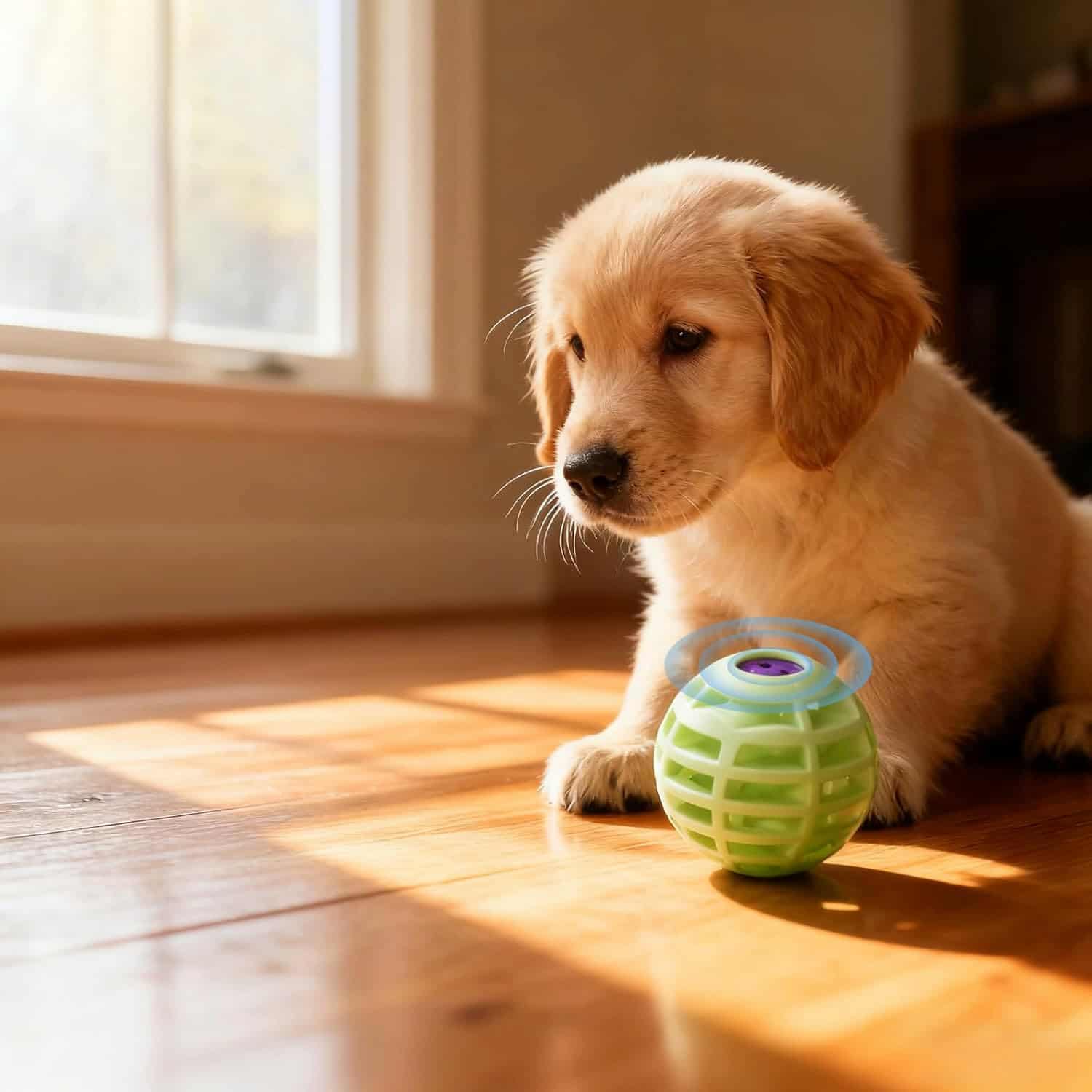 Light green silicone dog ball with treat holes and built-in squeaker