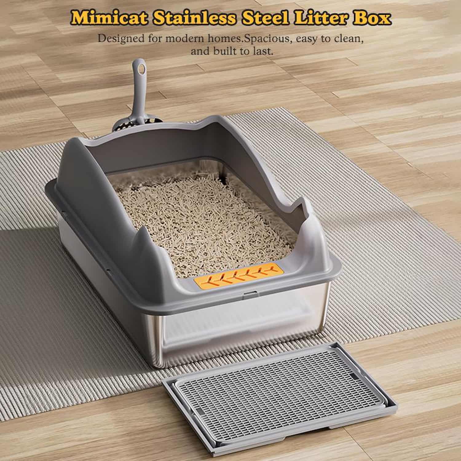 Gray cat-shaped litter box with stainless steel base