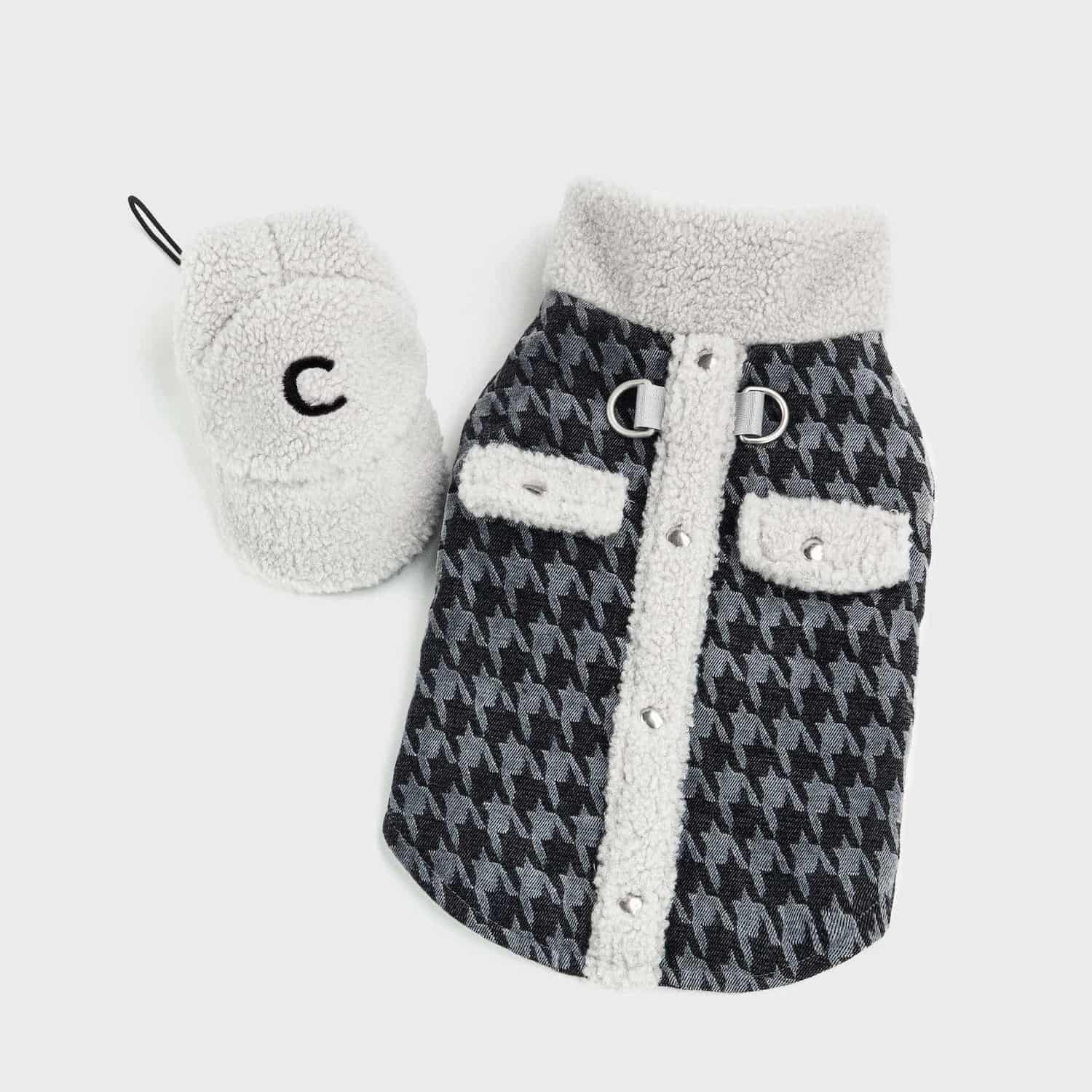 Houndstooth dog jacket with sherpa hood