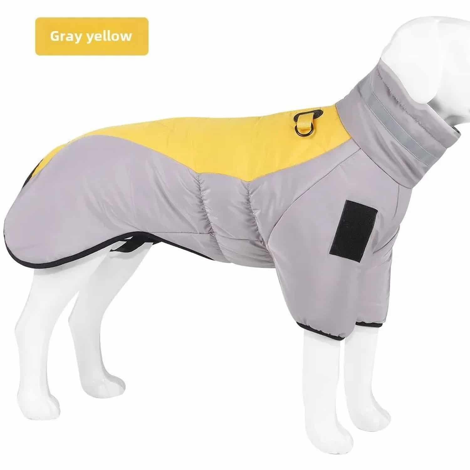 Large dog winter jacket with reflective collar strip and quilted waterproof shell, worn by merle border collie in snow