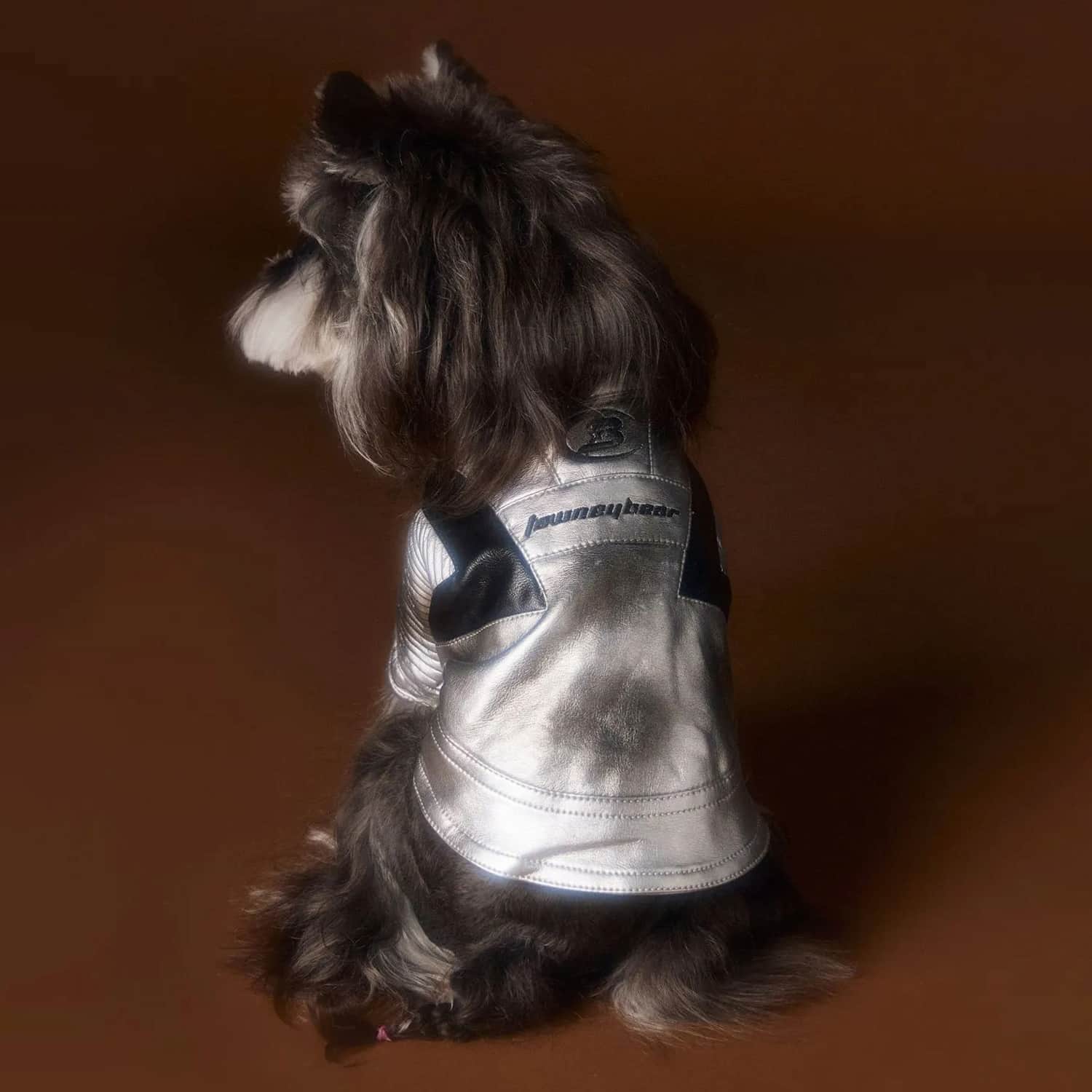 Metallic silver faux leather dog moto jacket with ribbed sleeves