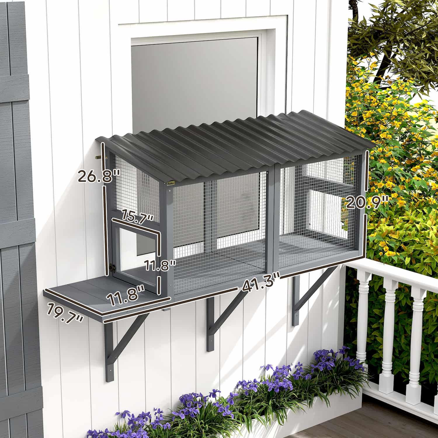 Gray fir wood window-mount cat catio with steel mesh walls