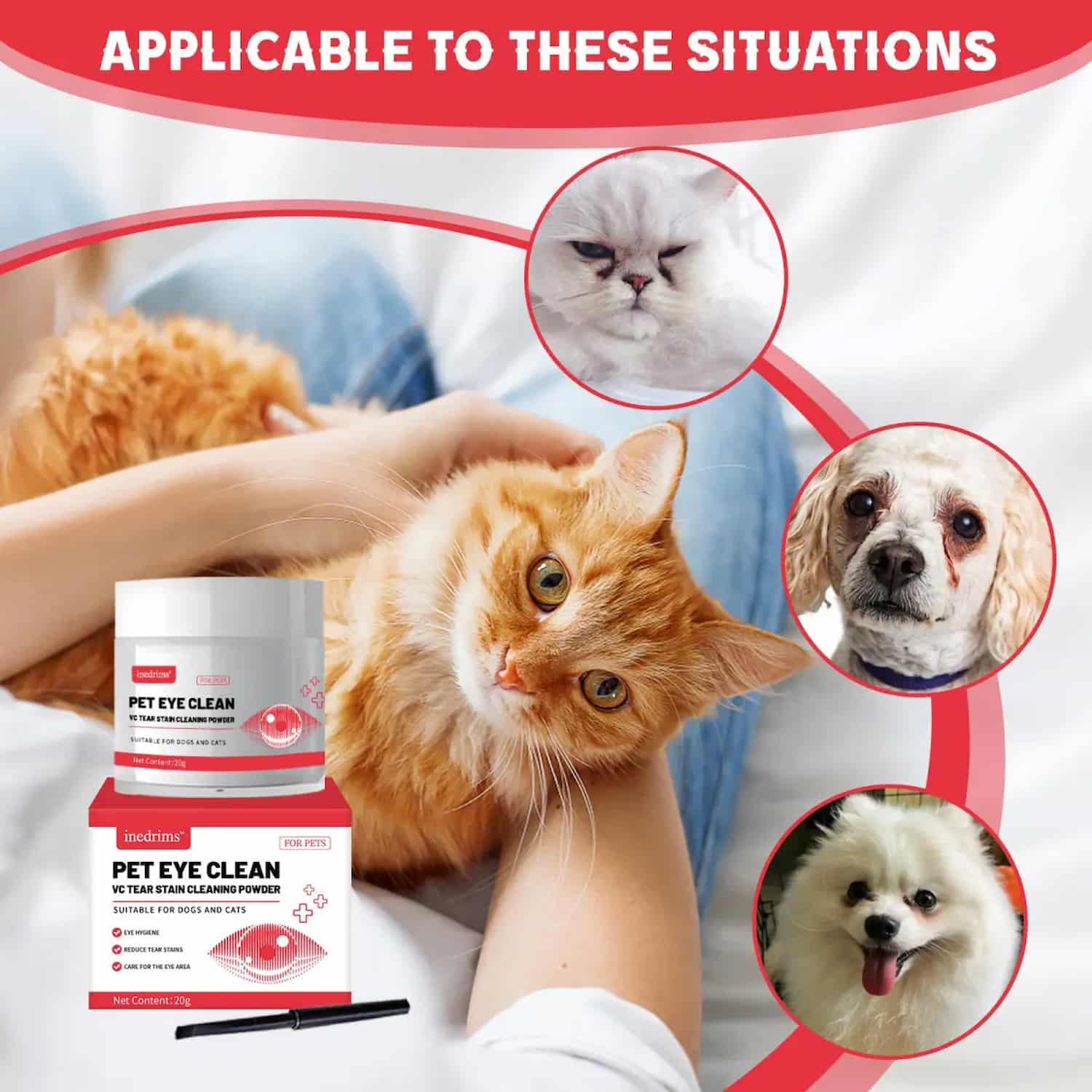 Pet eye clean VC tear stain cleaning powder in white jar with red label, shown with precision applicator brush, suitable for dogs and cats