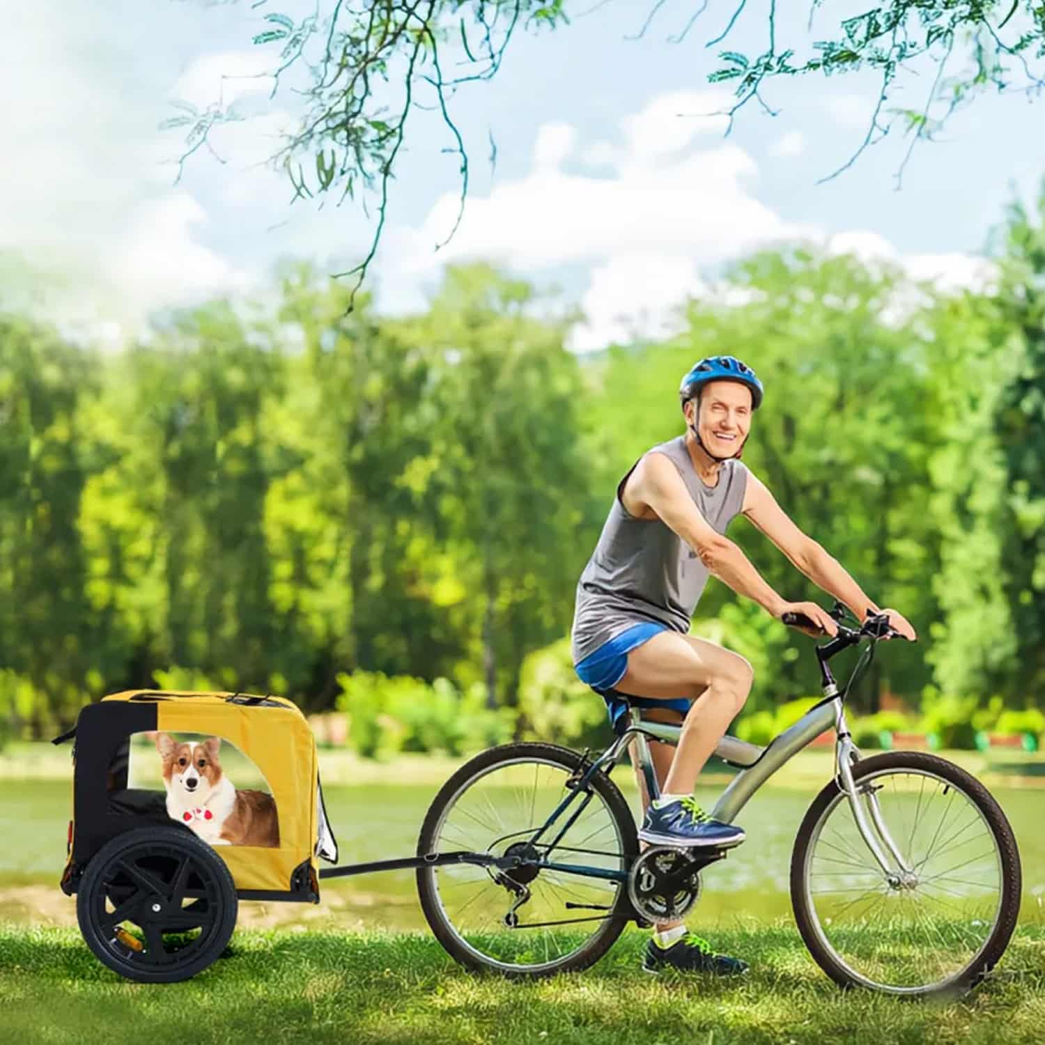 Yellow foldable dog bike trailer with mesh windows