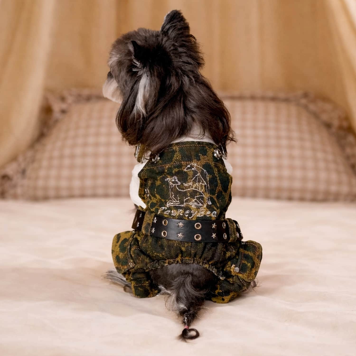 Leopard print dog overalls with studded straps