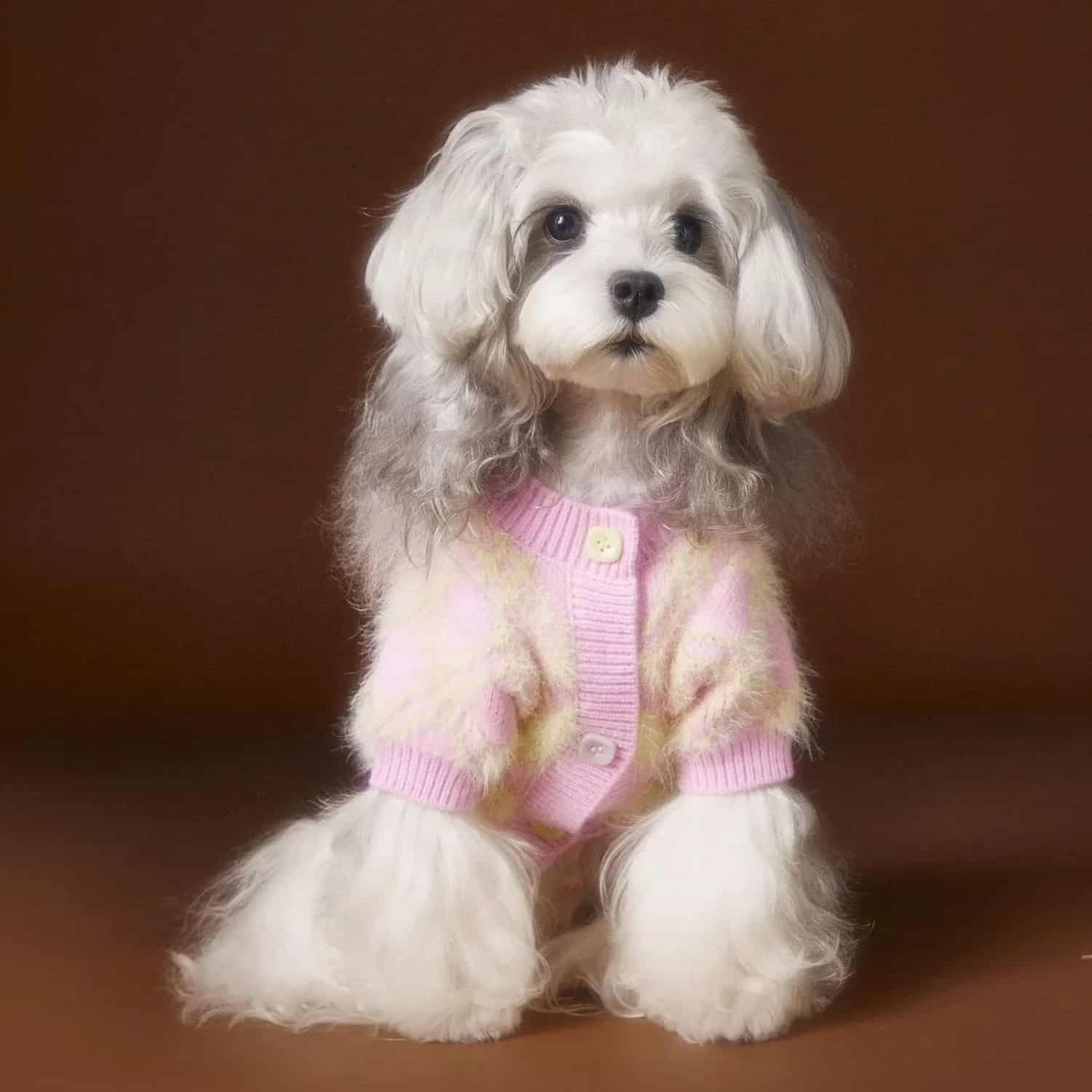 Wool argyle cardigan sweater for small dogs in pink and yellow