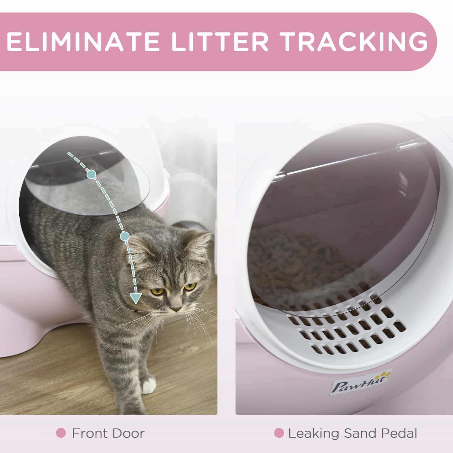 Light pink hooded litter box with sand drop pedal