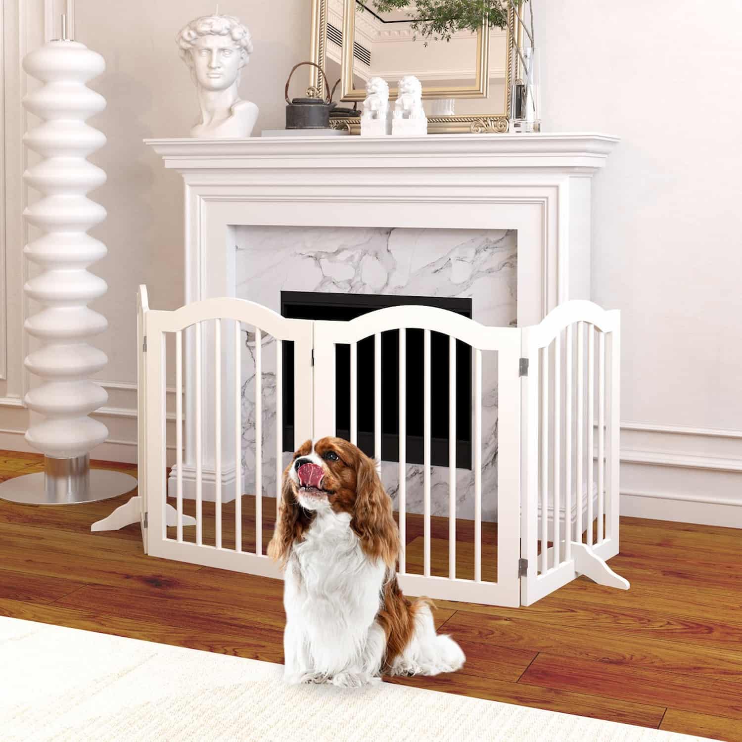White four-panel wooden pet gate with arched tops