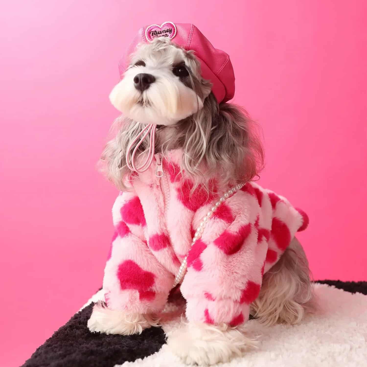 Heart pattern fleece jacket with faux fur for small dogs