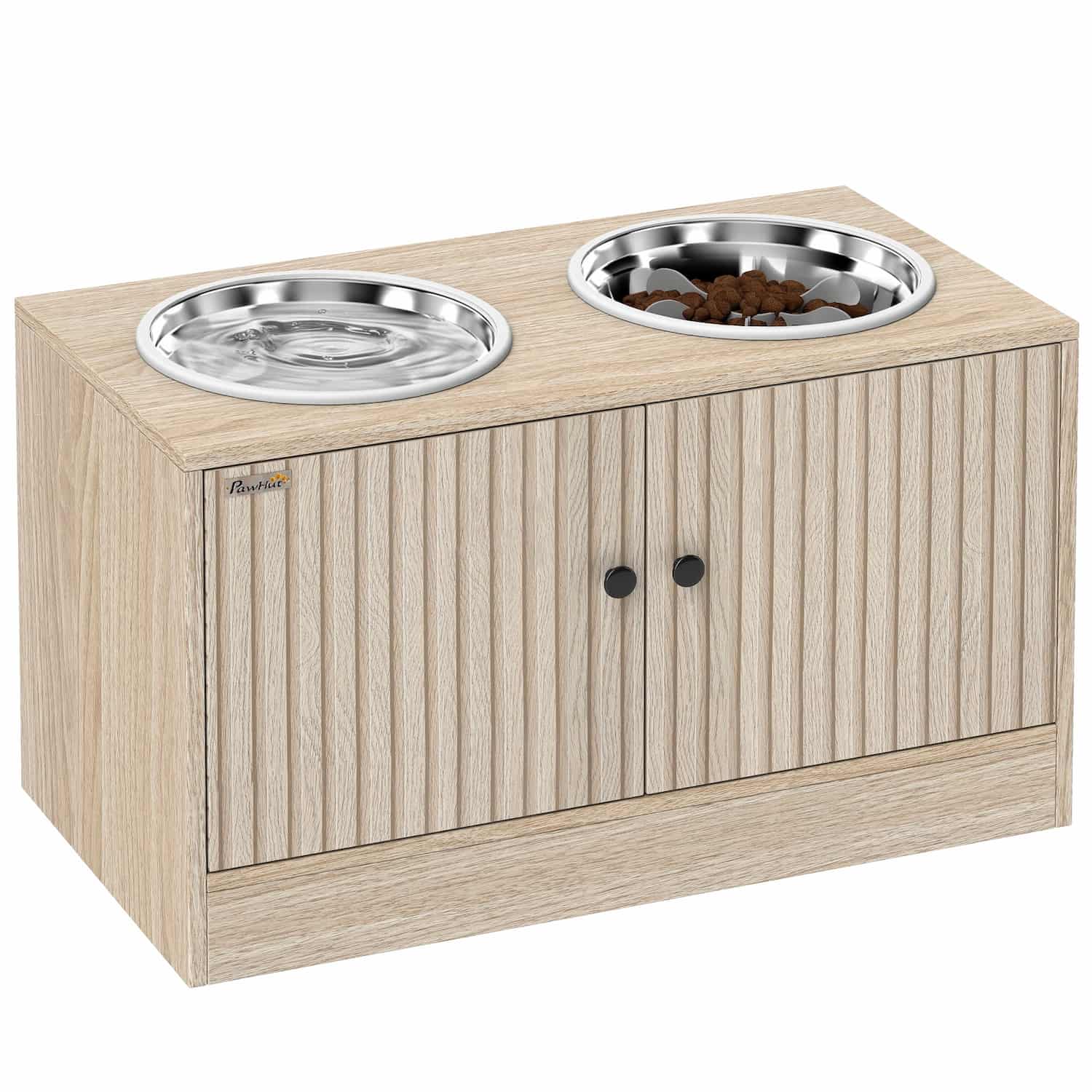 Elevated dog bowl stand with storage cabinet and slow feeder mat