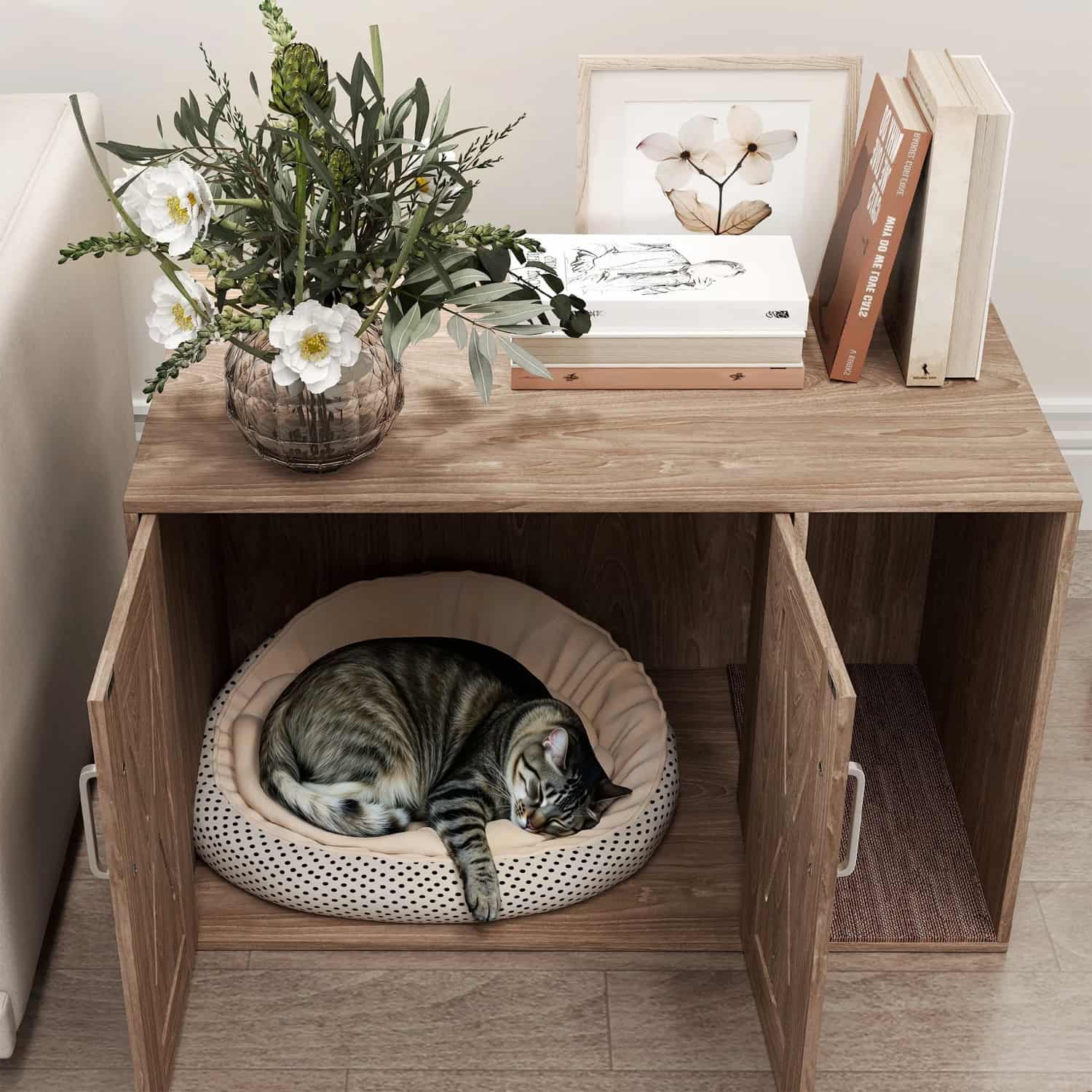 Hidden litter box furniture cabinet with side table and scratching board